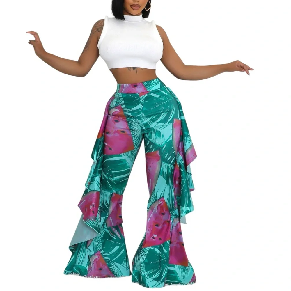 Tropical Print High Waist Flare Women's Pants, Size: Medium